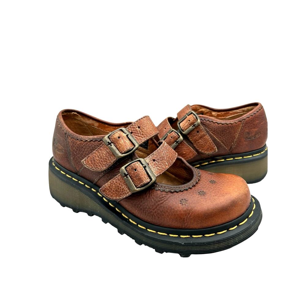 RARE Vtg Dr. Martens Women's 9Brown Leather Daisy Flower ShoesChunky Mary Jane